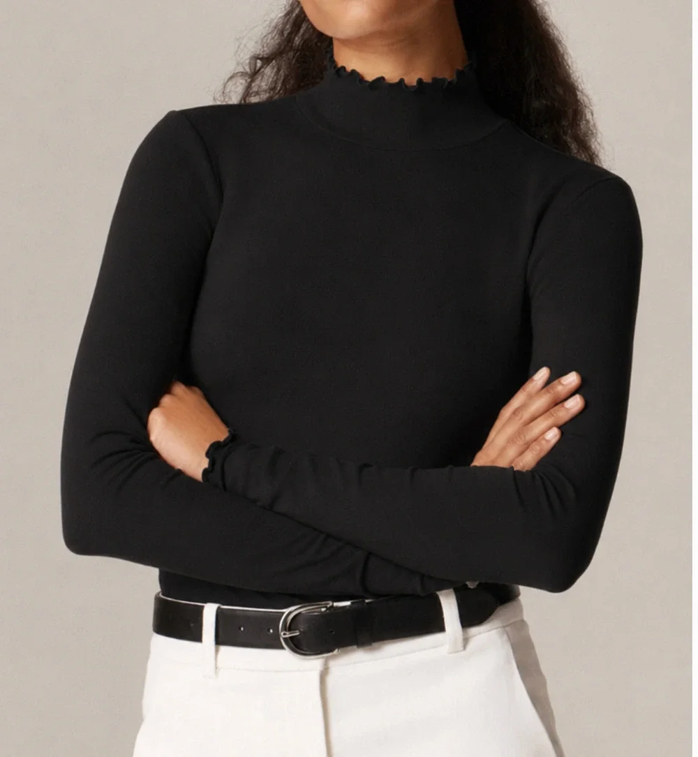 NEW J.CREW Lettuce Ruffle Trimmed Turtleneck Top Black Small